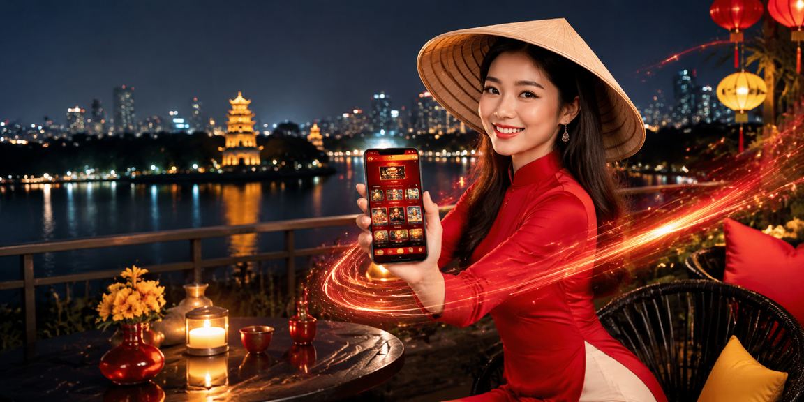 Người phụ nữ Hà Nội đội nón lá sử dụng ứng dụng casino trực tuyến trên điện thoại